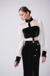 Velour pencil skirt with 3 gold buttons, front slit and lace trim
